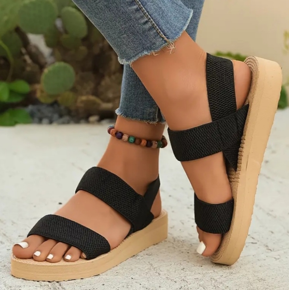 NEW Black Open Toe Casual Wedge Heel Sandals Women's Size 8 - Picture 2 of 3